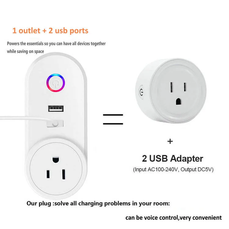 Smart Home 10A Us White Tuya WiFi Voice Remote Control Smart Plug with 2 USB Power Wall Socket Electrical Outlet