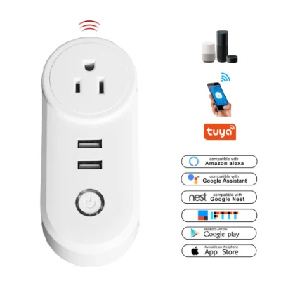 Smart Home 10A US Weiß Tuya WiFi Sprachfernbedienung Smart Plug mit 2 USB-Steckdose Steckdose