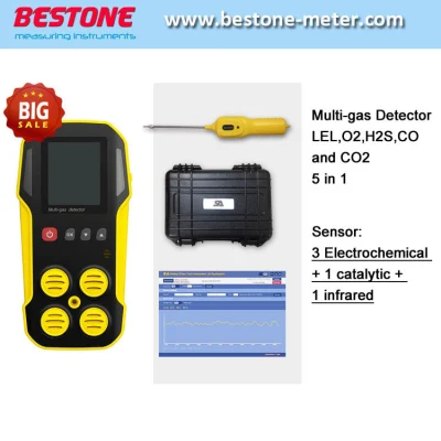 5 Gasanalysatoren, LCD-Display mit Hintergrundbeleuchtung. 5 Gase überwachen gleichzeitig Lel, O2, H2s, Co, CO2. 5-in-1-tragbare Multigasdetektoren